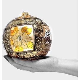 Polish Gallery Christmas Ornament, Winter Charm View with Poinsettia, Blown Glass Ball (150mm / 6 Inch, Gold)
