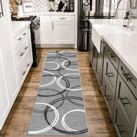 YUFANUHO 2x8 Feet Washable Modern Grey Runner Rug, Ultra Soft Low Pile Faux Wool Rug Abstract Line-Design Runner Rugs 2x8 for Hallway, Bedroom, Non-Slip Bedside Rugs 2'x8', Grey/Black/White