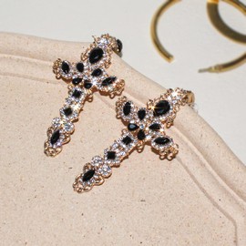 Boho Large Cross Earrings for Women Silver Tone Bohemian Jewelry (Golden with Black Rhinestones)