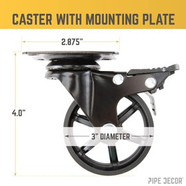 PIPE DECOR Mounted Swivel Caster Wheels (4-Pack), Mountable Casters for Wood Furniture with Locking Mechanism