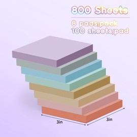 EOOUT 8 Pads Pastel Sticky Notes, 3x3 Inches, Super Adhesive Self-Stick Note Pads, Morandi Colors Pastel Sticky Notes for Study, Works,100 Sheets/Pad