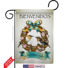 Breeze Decor Bienvenidos a Nuestro Nido Garden Flag Friends Birds Flamingo Hummingbird Cardinal Peacock Springtime Natural Wildlife House Decoration Banner Small Yard Gift Double-Sided, Made in USA