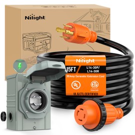 Nilight 30A 15FT Generator Extension Cord Power Inlet Box with Locking Connector 125/250V 7500W 10 Gauge STW ETL Listed 4 Prong L14-30P L14-30R Cable for RV Outdoor Use