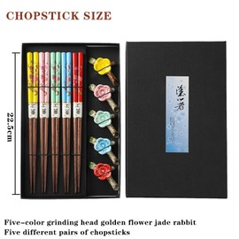 5 Pairs Wooden Chopsticks with Chopsticks Shelves, Petal Sushi Chopsticks, Chopsticks Gift Set, Reusable Natural Bamboo Chopsticks with 5 Plum Blossom Ceramic Pads