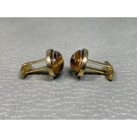 Unbranded New Old Stock Tiger's Eye Carved Scarab Beetle Yellow Gold Plated Cuff Links