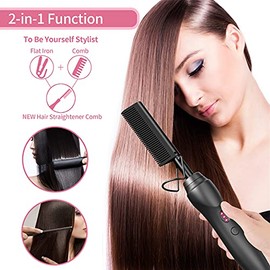 Plancha eléctrica de pelo con peine caliente, peines de presión, peine de cerámica para alisar el cabello, rizador para cabello negro natural, barba o