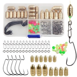 Fishing Sinkers Set with Brass Sinker Weights Jig Hooks Fishing Swivel Ring Connector Assorted Tackles Texas Rig Kit for Freshwater Saltwater Bass Fishing (80pcs/box)