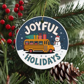 Joyful Holidays Round Ceramic Ornament 3 inches Featuring a Miniature School Bus with Presents, Christmas Tree, and Cheerful Snowman
