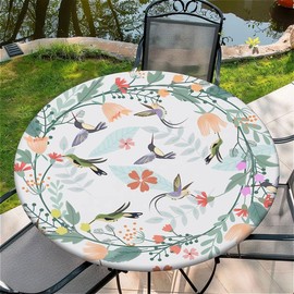 Outdoor Round Tablecloth with Elastic Band, Diameter 90 cm, Elastic Garden Tablecloth with Birds Pattern