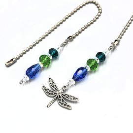 Ceiling Fan or Light Pull Chain Set. Dragonfly Charm with Blue, Green, and Teal Glass Beads