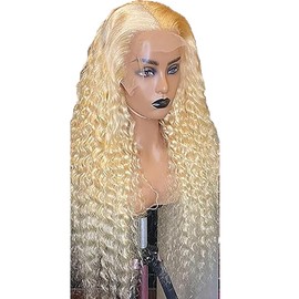 Hxxcoup Women's Real Hair Wig, Blonde, 13 x 4 Lace Wig, Human Hair Wig, Curly Wave Wig, Blonde Hair Wigs for Unprocessed Brazilian Remy Hair, Transparent Swiss Lace, 22 Inches (56 cm)