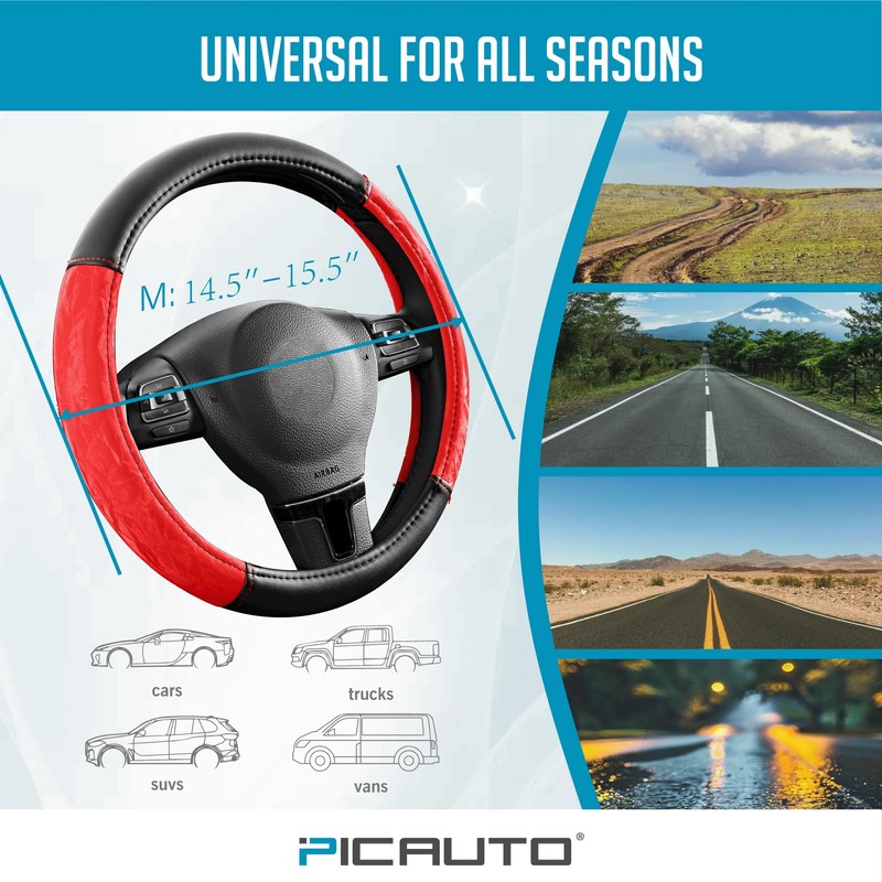 PIC AUTO Steering Wheel Cover, Silk Grain Leather Car Steering