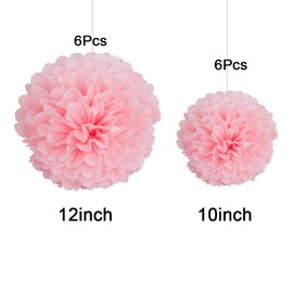 GAKA FAVOR Pink Tissue Hanging Paper Pom Poms,Flower Ball Wedding Birthday Party Decoration （6Pcs 12in Pom Pom & 6Pcs 10in Pom Pom）