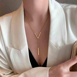 Yheakne Vintage Bar Y Lariat Necklace Vertical Bar Pendant Necklace Gold V Shape Necklace Long Bar Drop Y Necklace Jewellery for Women, Zinc