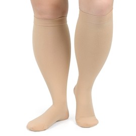 AKSO MEDICOS Plus Size Compression Socks, 20-30 mmHg Compression Socks for Women & Men, Wide Calf Knee High Stocks for Circulation Support Varicose Veins Swelling Edema,Beige 2XL