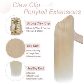 Silk-co Claw on Ponytail Extension Straight Pony Tail Real Remy Human Hair Clip in Hair Extensions 18inch #60 Platinum Blonde