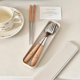 IOLOYU Chopsticks Cutlery Set, Stainless Steel Chopsticks, Spoon Fork, Cutlery Set, Bento Non-Slip, Chopsticks, Portable Cutlery Set, Fork and Spoon Set, Camping Tableware, Chopsticks Set, Girls,