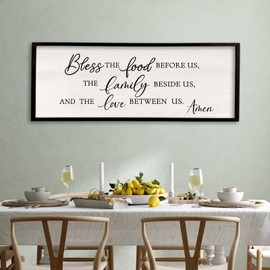 Surfapans Bless the Food Before Us Wall Decor, 32"X12" Farmhouse Dining Room Family Kitchen Sign, Christian Bible Verse Scripture Vintage Home Framed Wood Wall Art (Black)