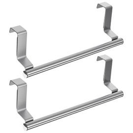 Pack of 2 Stainless Steel Towel Racks, Tea Towel Holder without Kitchen with Hooks, Towel Rail for Bathroom Wall Mounting, Robust Removable Towels Racks, for Hanging No Drilling (Silver)