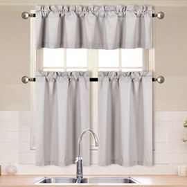 Home Collection 3 Pieces Solid Color Kitchen Curtain Set Tier and Valence with Rod Pocket Microfiber 100% Sunlight Blackout Drapes Window Treatment New (Silver)