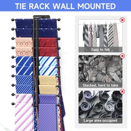 Tie Rack Wall Mounted, Tie Organizer for Men, Tie Rack Hanger for Closet Metal, Adhesive Tie Holder Organizer with 20 Hooks, Tie Storage for Wall Bedroom Living Room Dresser Room (Black)