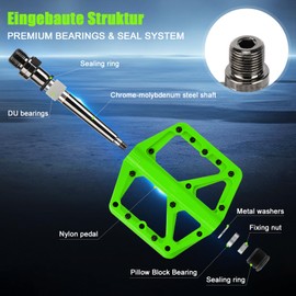 SYACHI Flat Pedals for MTB, Non-Slip Bicycle Pedals Made of Nylon Fibre for Road Bike, Mountain Bike & Gravel Bike, Non-Slip & Durable, Aluminium Alloy with 3 Sealed 9/16 Inch Axles (Green)