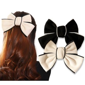 Hair Bows for Women 2 Pcs Big Soft Fabric Hair Bow Clips Black White Bowknot Barrettes Ponytail Ribbon for Girls Holiday Party Birthday Gift