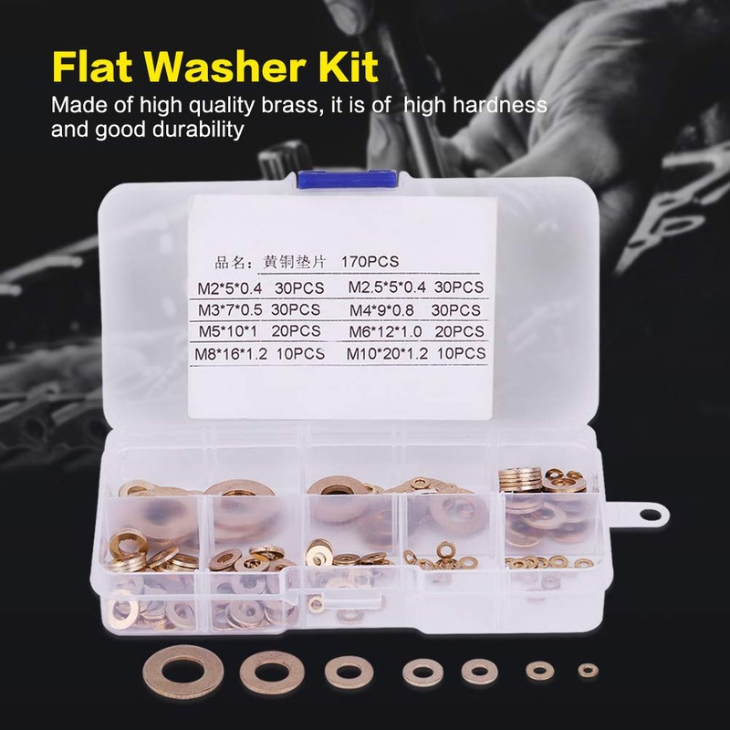 Copper Washer Kit,180Pcs M2/M2.5/M3/M4/M5/M6/M8/M10 Round Brass Flat Ring Washer Assortment