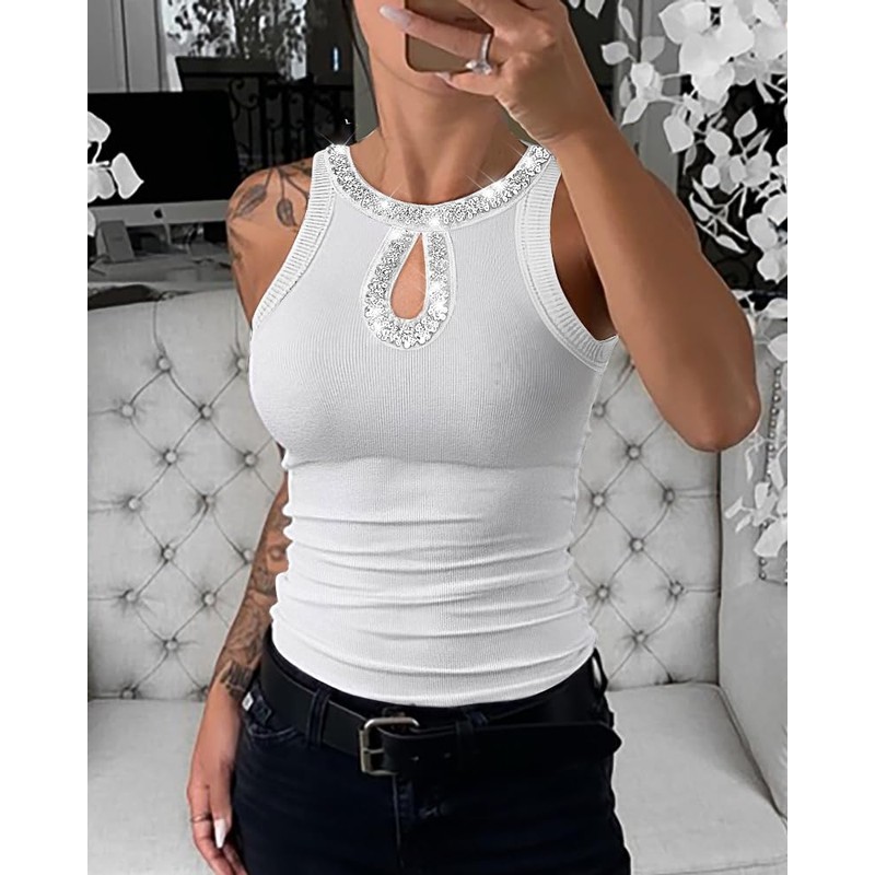 Ninimour Women Sleeveless Tank Top Rhinestone Contrast Sequin Keyhole Collar