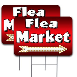 Vista Products FLEA MARKET Arrow 2 Pack Double-Sided Yard Signs 16" x 24" with Metal Stakes (Made in the USA)