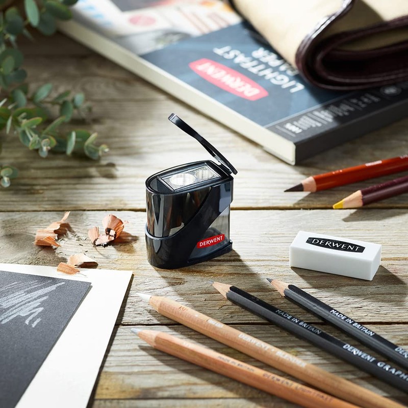 Derwent Double Hole Pencil Sharpener with Container, Manual Colour Pencil