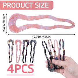 GUGUMO Large U Shape Hair Fork 4.5-inch French Hair Pin for Thick Long Hair, Acetate 2 Prong Bun Hair Sticks Chignon Women Vintage Hairstyle Accessories, 4 Pack