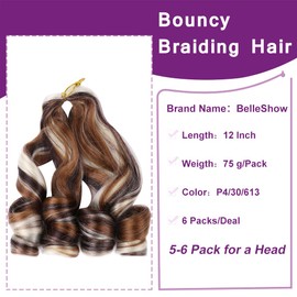 French Curly Braiding Hair 6 Pack 12 InSpanish Curly Braiding Hair for Box Braids Loose Wave Braiding Hair Pre Stretched Crochet Braids Synthetic Micro Spiral Curl Braiding(12InchPack of 6, 4/30/613)