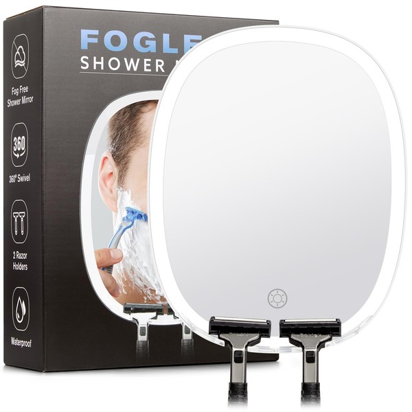 KEDSUM - Espejo de ducha con luz, 3 colores regulables de vidrio real sin niebla para afeitarse con 2 soportes de afeitar, montaje en pared sin perforación, impermeable, espejo de baño sin niebla, para hombres y mujeres