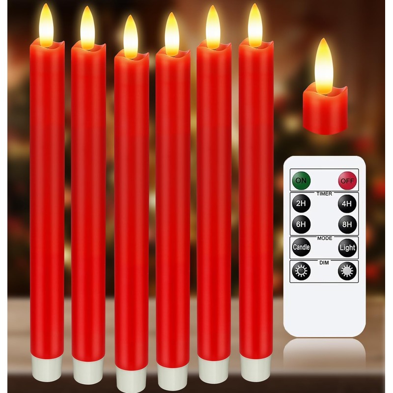 KSWING Upgraded Real Wax LED Flameless Red Taper Candles with