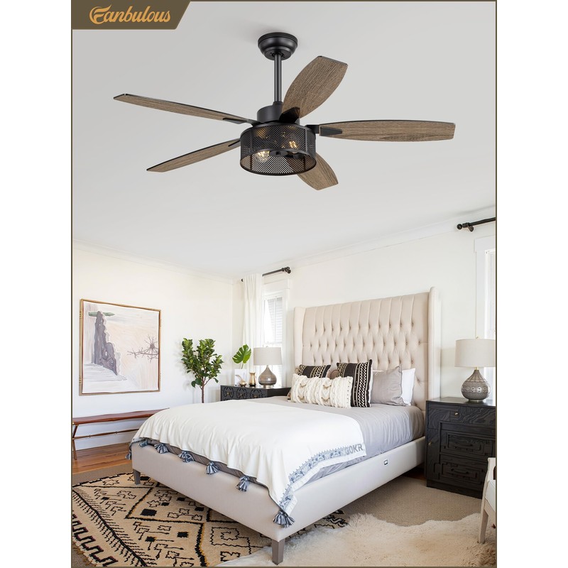 52 Inch Farmhouse Ceiling Fan with Light and Remote, Black