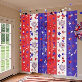 4th of July Decorations 2Pack Tinsel Foil Fringe Curtains and 2 Pack Garlands Classical Red White Blue Fourth of July Photo Backdrop Streamers for Memorial Day Independence Day Patriotic Party Decor