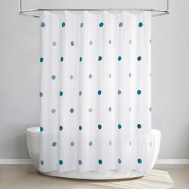 Allure Home Creation Dots Fabric Shower Curtain Pom Poms on White (Teal) 70"x72"
