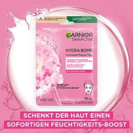 Garnier Tuchmaske, Gesichtsmaske für fahle Haut, Glow-boostend und feuchtigkeitsspendend, Mit Hyaluronsäure und Sakura, Hydra Bomb, 5x28g
