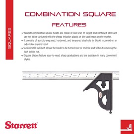 Starrett Steel Combination Square with Square Head - 12" Blade Length, Hardened Steel, Reversible Lock Bolt, Scriber, Spirit Level - 16R Graduation Type - C11H-12-16R