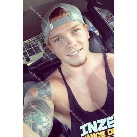 Muscular Male Smiling in Car Wearing Tank Top Backwards Cap Tattoo 4x6 Photo #86