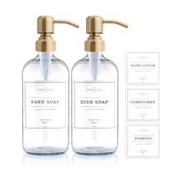 Vine Creations Black Glass Soap Dispenser, 2 Pack Kitchen Soap Dispenser Set with Stainless Steel Pump, 16 oz Hand Soap Dispenser Bathroom, Dish Soap Dispenser for Kitchen with Waterproof Labels