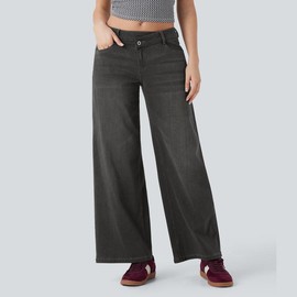Halara Flex Asymmetric Low Rise Zipper Pockets Baggy Wide Leg Washed Casual Jeans#TikTokShopBacktoSchool:_Cool Gray Denim_regular_L(12-14)