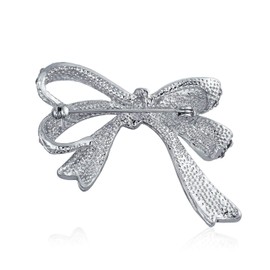 Bling Jewelry Winter Wedding Holiday White Glittering Crystal Bridal Fashion Large Statement Ribbon Bow Scarf Brooch Pin for Women Silver Plated