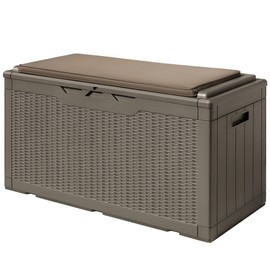 Devoko 100 Gallon Deck Box, Waterproof Resin Outdoor Storage Box with Cushion for Outside, Large Outdoor Storage Bench Cabinet Lockable for Patio Furniture and Garden Tools (Brown)