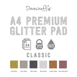 Dovecraft A4 Glitter Card Pad - 24 Sheets - Non-shed - 300 GSM - 6 Colours - Gold, Silver, White, Black, Copper and Rose Gold - for Scrapbooking, Card Making, Home Décor, Party Crafts, One Size
