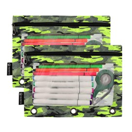 Coikll Green Black Camo Pencil Pouch Fits Standard 3-Ring Binders, Zipper Binder Pencil Bag with Clear Window for Class Office 2 Pack
