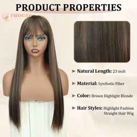 PHOCAS Long Brown Wig with Highlights Ombre Brown Wig with Blonde Highlights Wig 23'' Long Brown Wig with Bangs for Women Daily Use