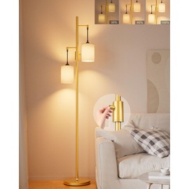 Lightdot 65IN Dimmable Floor Lamp for Living Room, Industrial 2-Light Tree Floor Lamps with LED E26 Bulbs Included, 3000K Mid Century Floor Lamp with Fabric Lampshades for Bedroom HOM Office-Gold