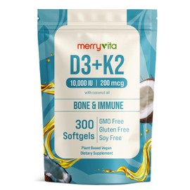 MERRY VITA Vitamin D3 K2 300 Softgels – 10000 IU & 200 MCG K2 MK7 – Plant-Based, Vegan, Non-GMO, Gluten-Free – Coconut Oil – Immune, Bone & Muscle Support – D3 con K2 vitamina Supplement